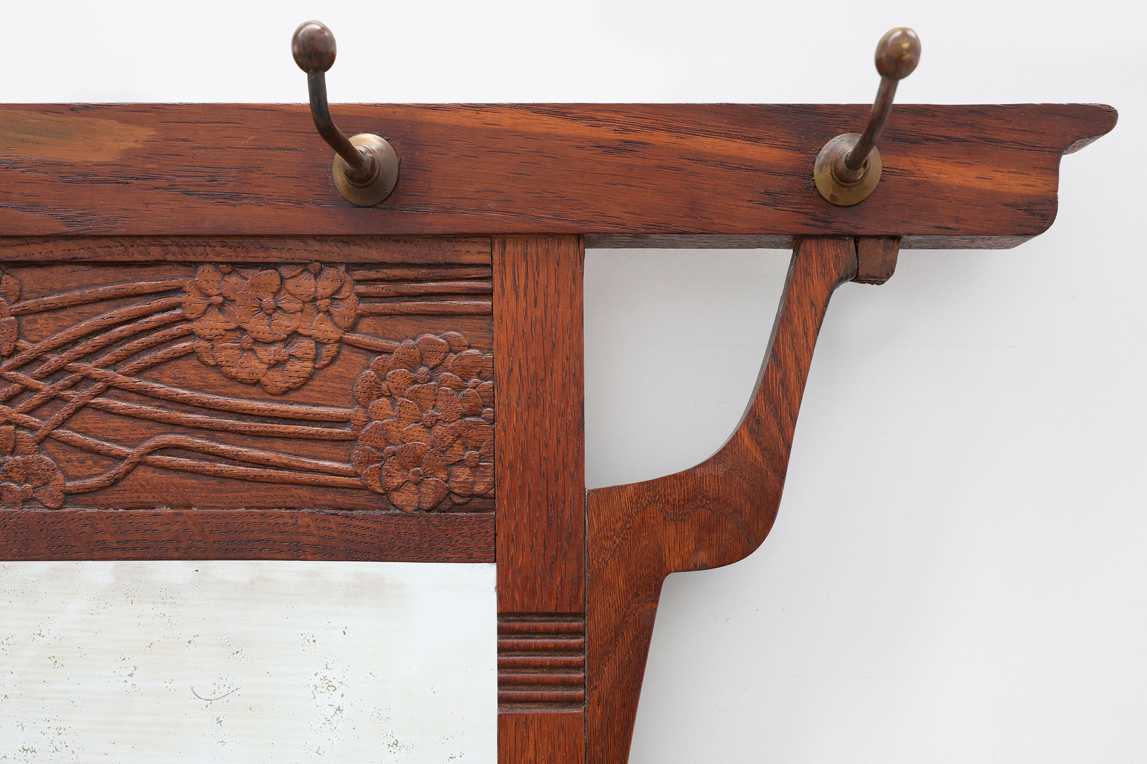 Art Nouveau Oak Coat Rack with Mirror and Floral Carvings, Belgium, circa 1910thumbnail